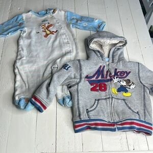 6-9m Y2K  boy Disney Mickey Mouse hoodie, Sherpa lined grey tiger blue sleepers